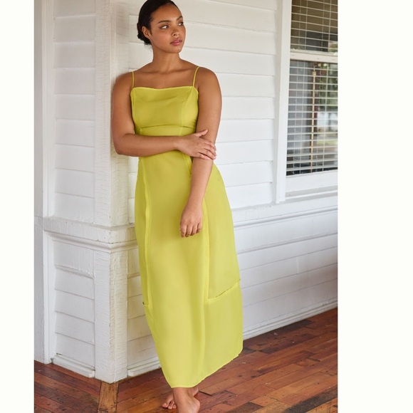 ANTHROPOLOGIE Super Cute Chartreuse NWT 
SHEER PANELED MIDI DRESS - Picture 4 of 8